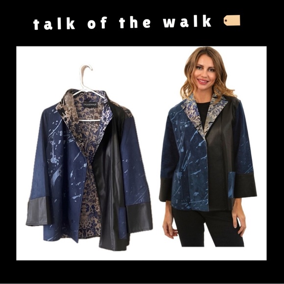 🌀🏷️🆕🎉 black & navy & gold metallic abstract design collar open jacket blazer - Picture 5 of 16
